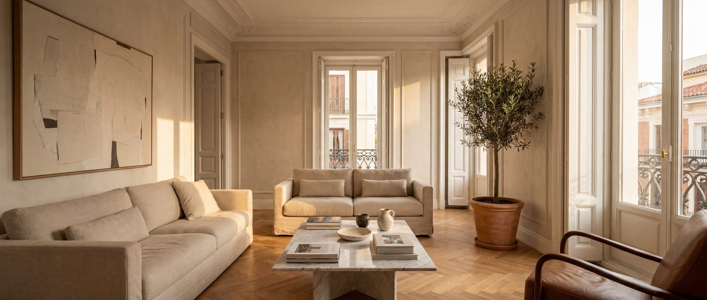 Salón de piso señorial en Madrid con suelo de espiga, molduras clásicas y luz natural