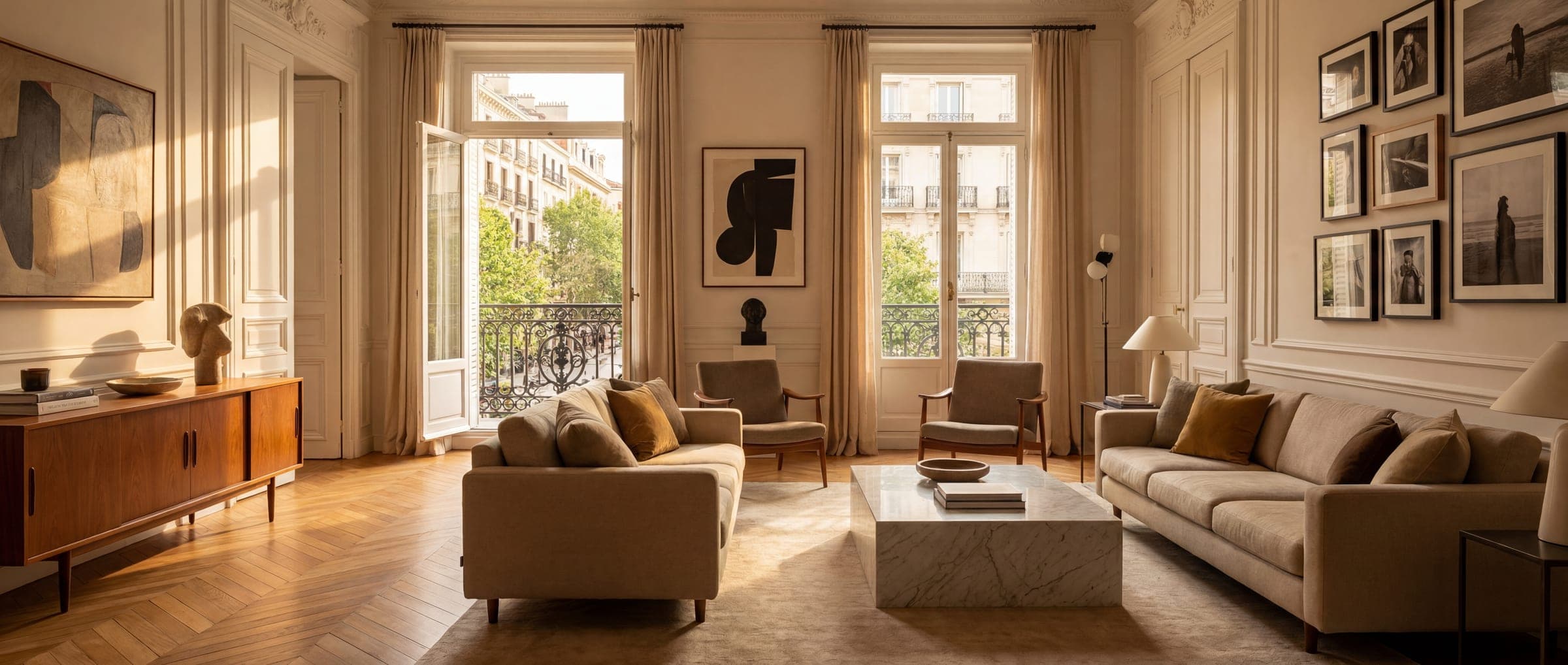 Salón de propiedad de lujo en Madrid con balcones, suelo de espiga y decoración contemporánea