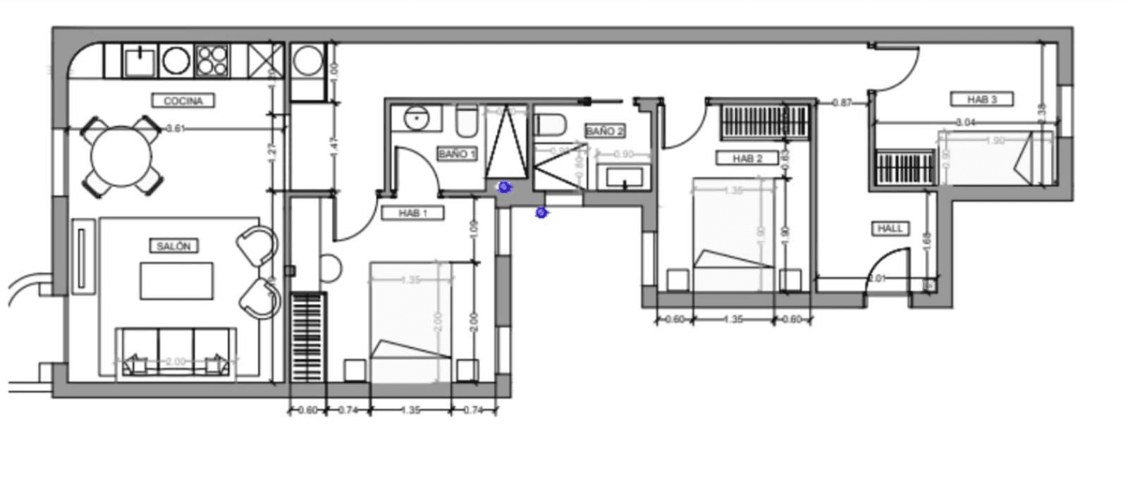 Plano de planta — Diseño contemporáneo y tres dormitorios en Ríos Rosas, Chamberí - Ríos Rosas