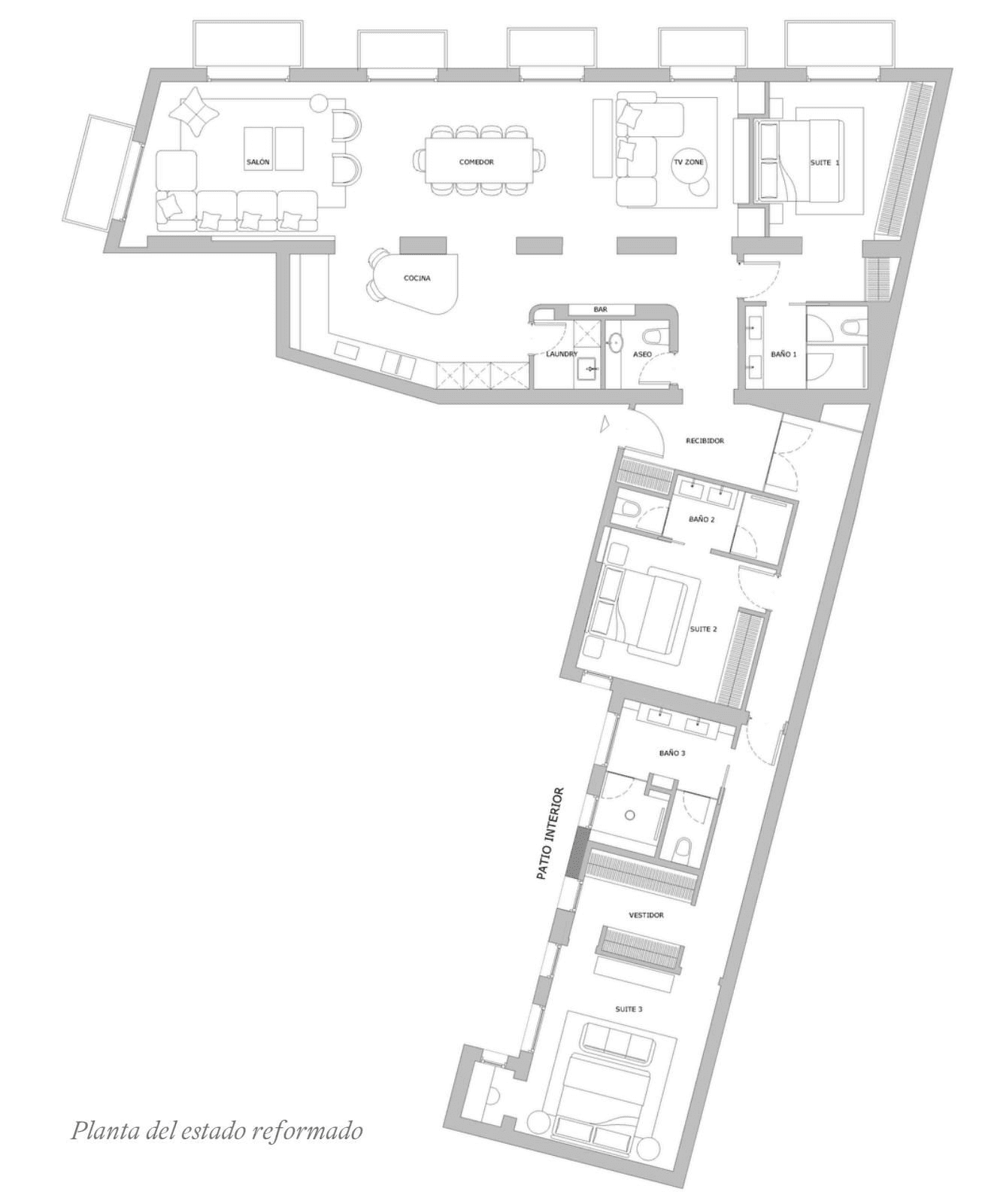 Plano de planta — Tres suites y miradores exteriores en Almagro, Chamberí - Almagro