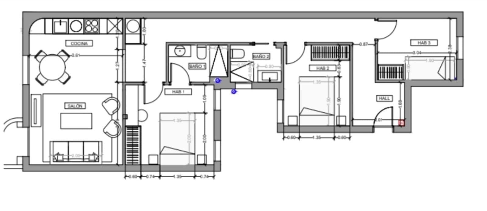 Plano de planta — Diseño contemporáneo y tres dormitorios en Ríos Rosas, Chamberí - Ríos Rosas