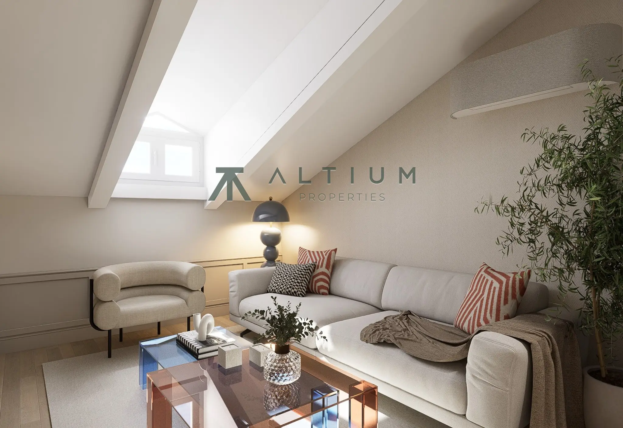 Exposed beams and skylights on a fifth floor in Justicia