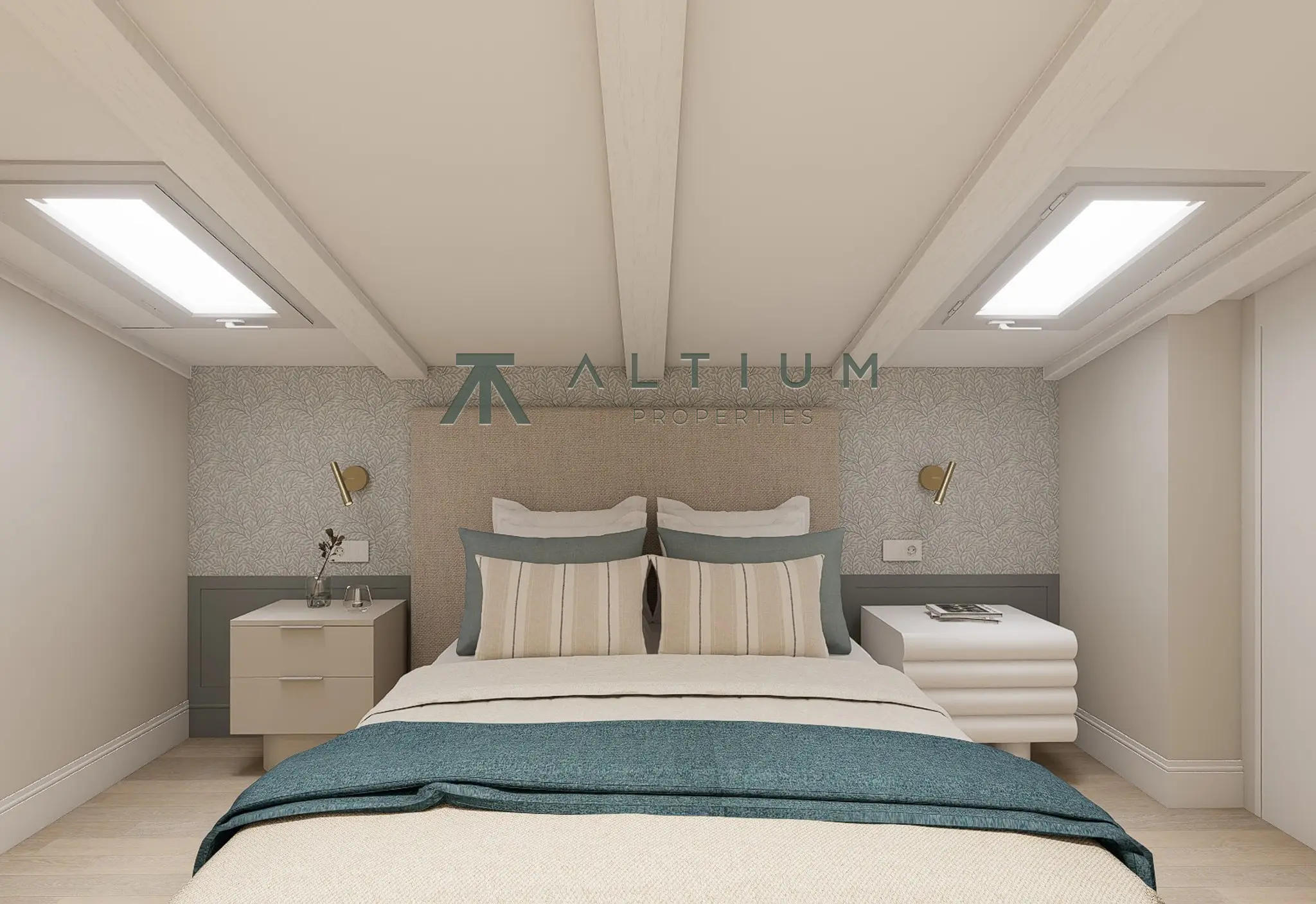 Exposed beams and skylights on a fifth floor in Justicia