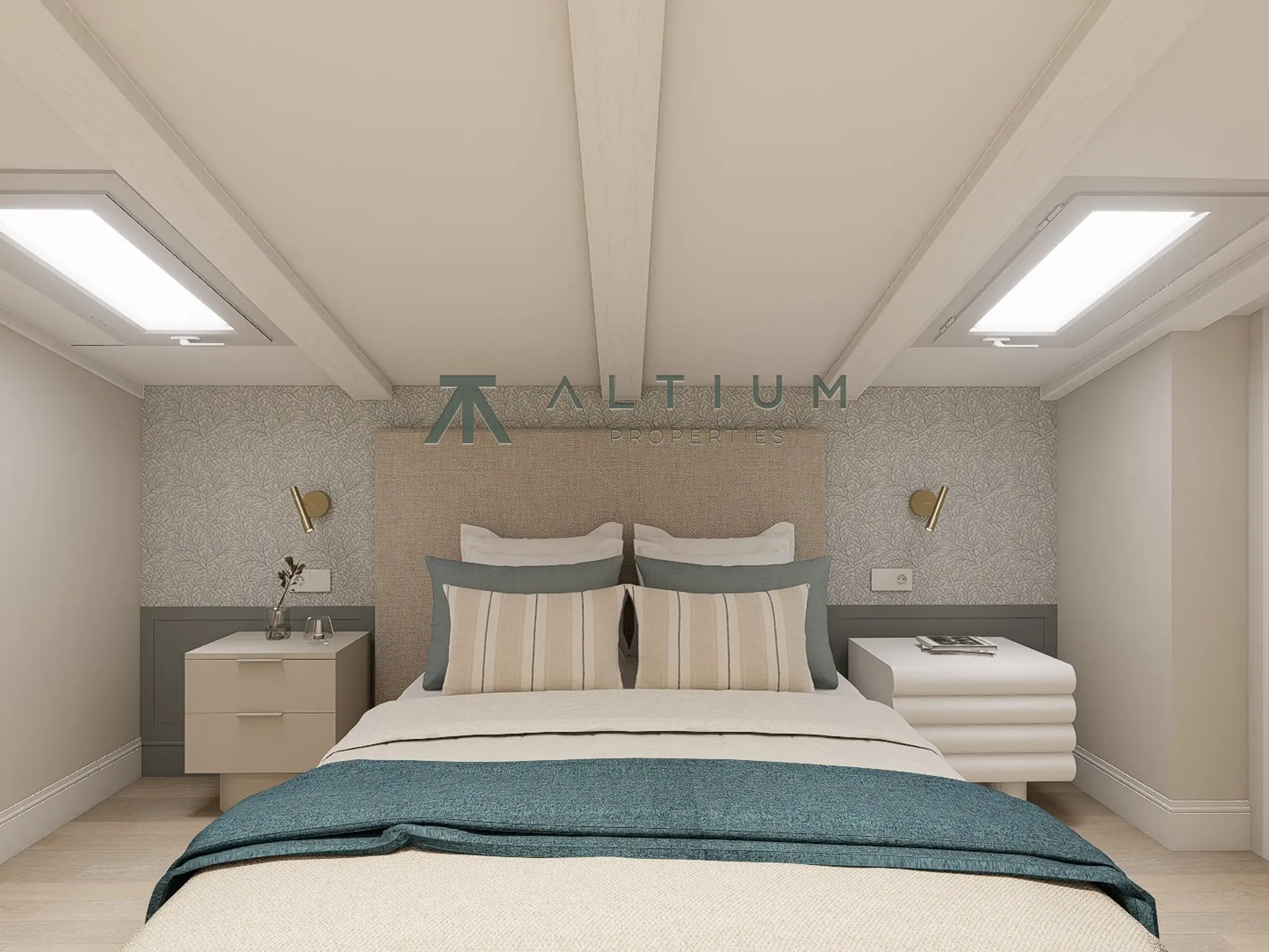 Exposed beams and skylights on a fifth floor in Justicia